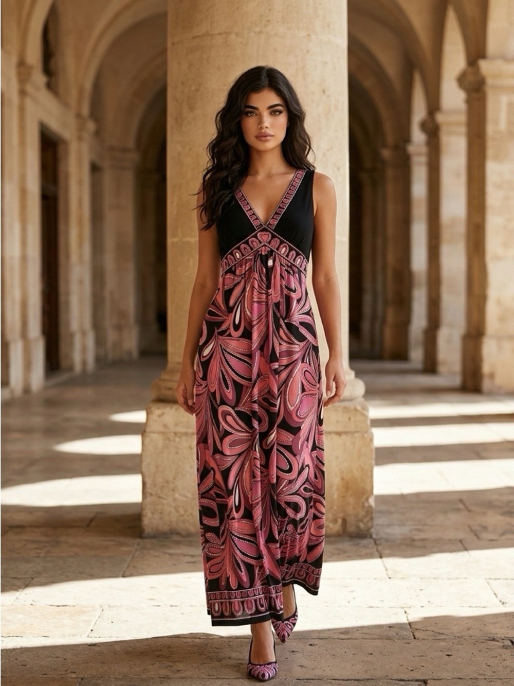Sandra Darren Black and Pink Patterned V-Neck Maxi Dress